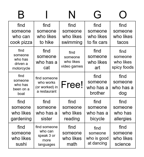 Intermediate ESL Icebreaker Bingo Card