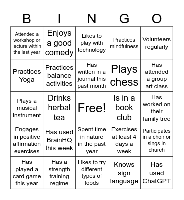 Brain Fitness Bingo Card