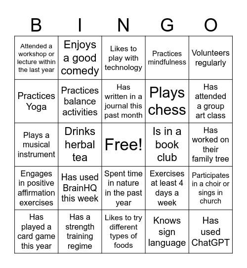 Brain Fitness Bingo Card