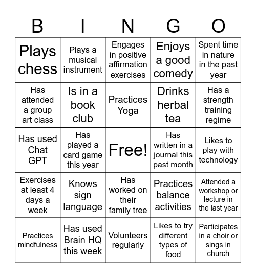 Brain Fitness Bingo Card