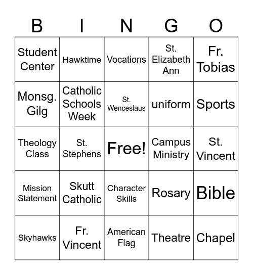 Catholic Schools Week BINGO Card