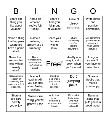 Mental Health Bingo Card