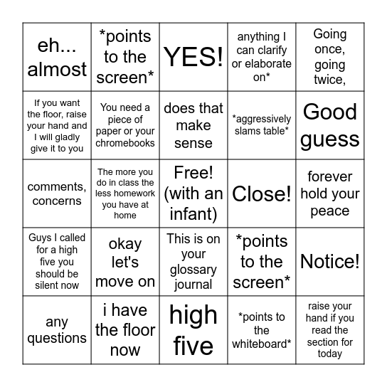 Mr. Mayfield Bingo Card