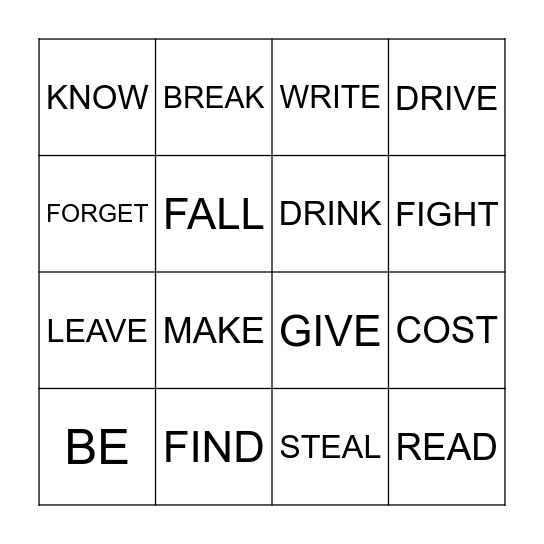 UCADEMY IRREGULAR VERBS BINGO Card