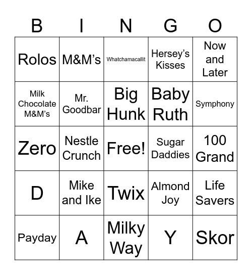 Candy Bar BINGO! Bingo Card