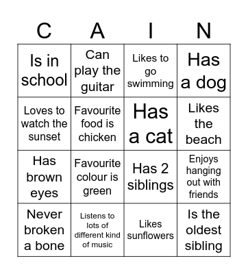 Get to know Miss Cain Bingo! Bingo Card