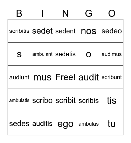 Present Tense Verbs Bingo Card
