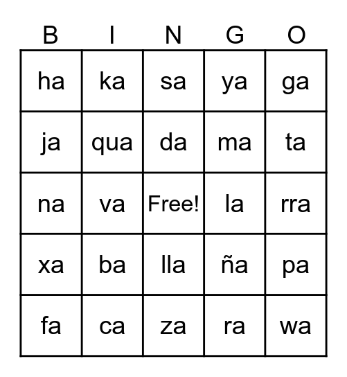 Silabas con "a" Bingo Card