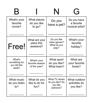 New Friends Bingo Card