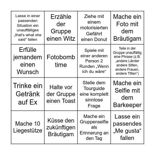 Tim's Bachelor Party Bingo Card