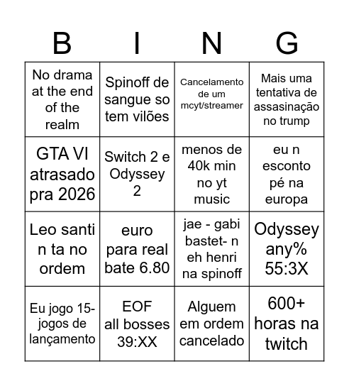 Schumayer's 2025 predictions Bingo Card