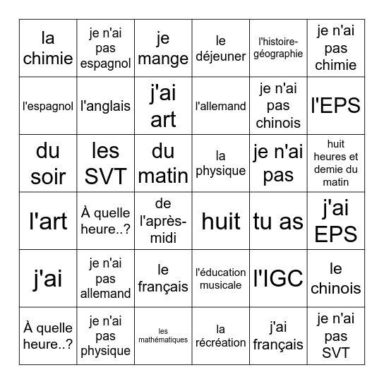 Les matières Bingo Card