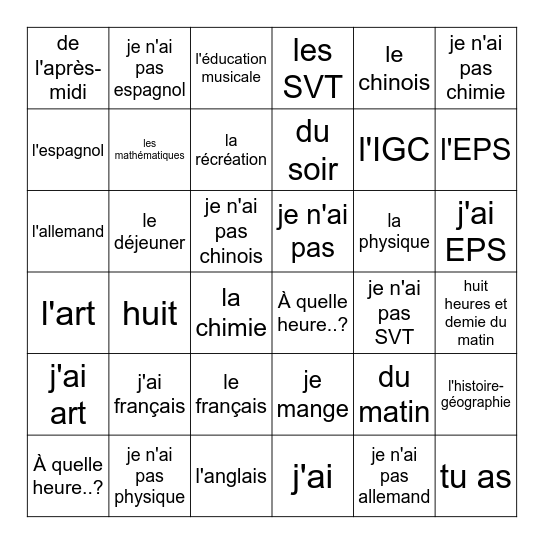 Les matières Bingo Card