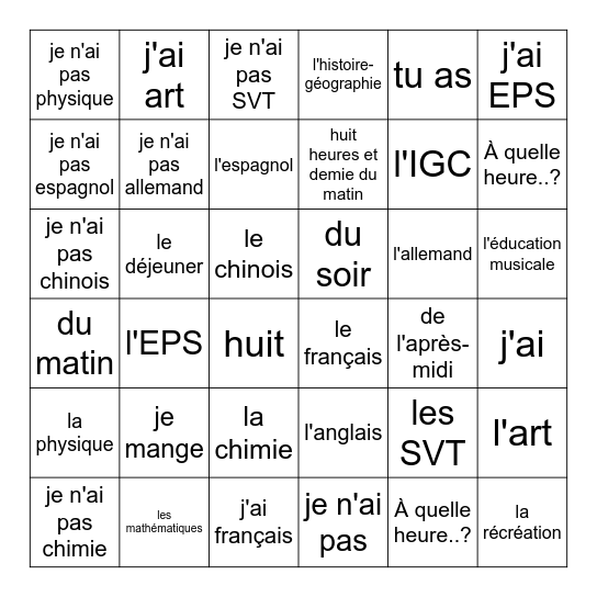 Les matières Bingo Card