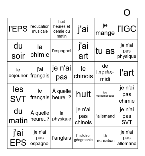 Les matières Bingo Card