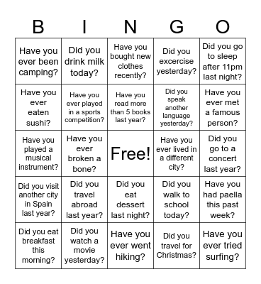 Present Perfect v. Past Simple Bingo Card