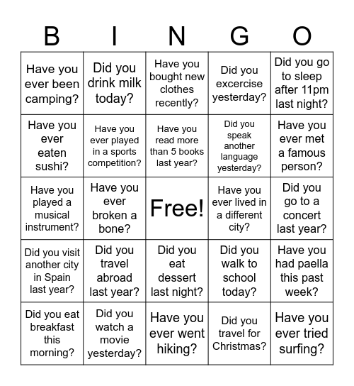 Present Perfect v. Past Simple Bingo Card