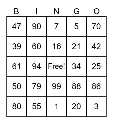 Numeros Bingo Card