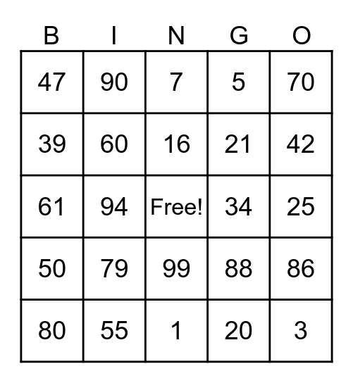 Numeros Bingo Card