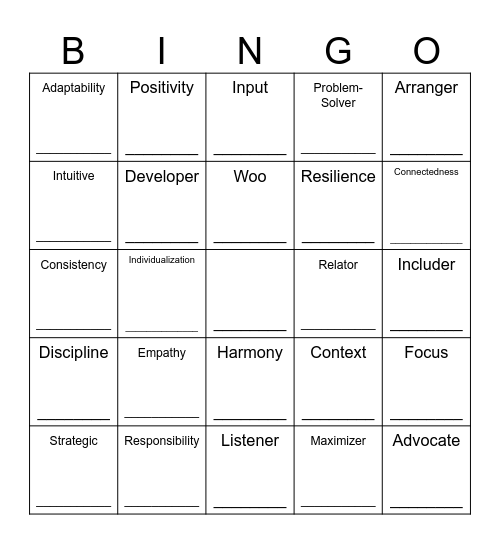 Clifton Strengths BINGO Card