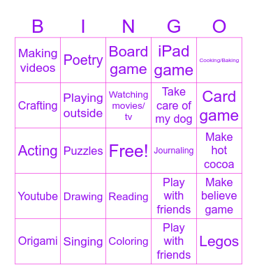 Clare's Activity Bingo Card