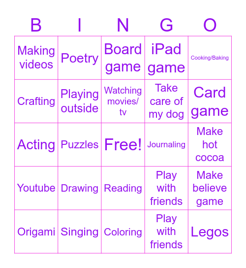 Clare's Activity Bingo Card