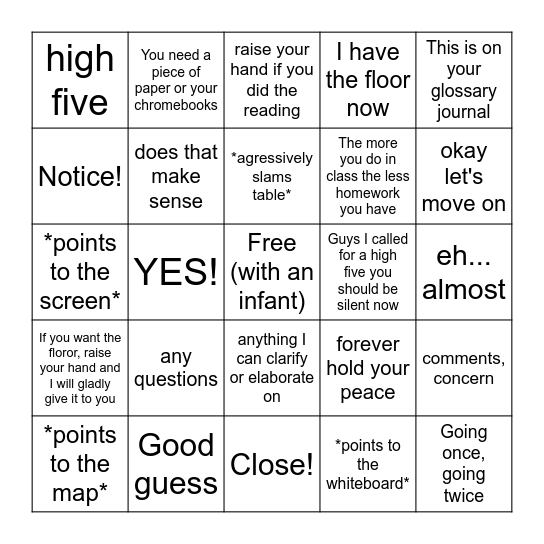 Mr. Mayfield Bingo Card