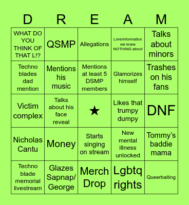 Dream crashout livestream Bingo Card