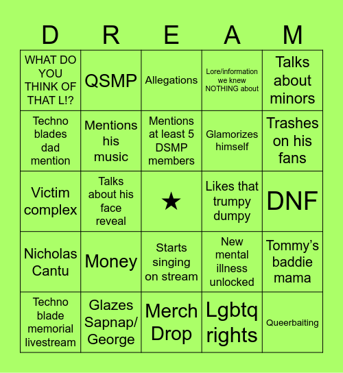 Dream crashout livestream Bingo Card
