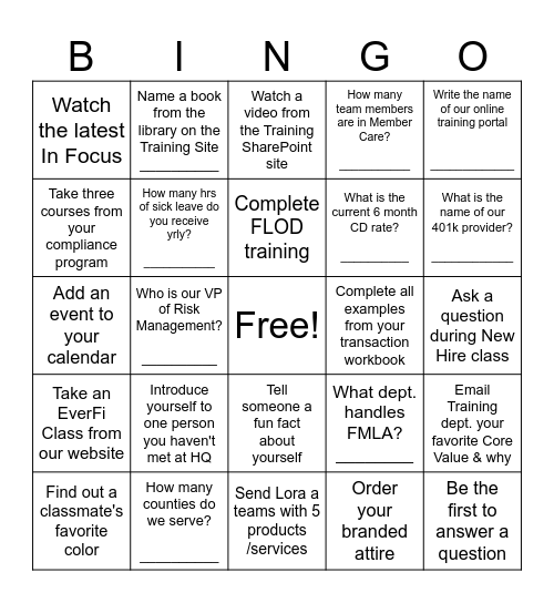 New Hire Bingo Card