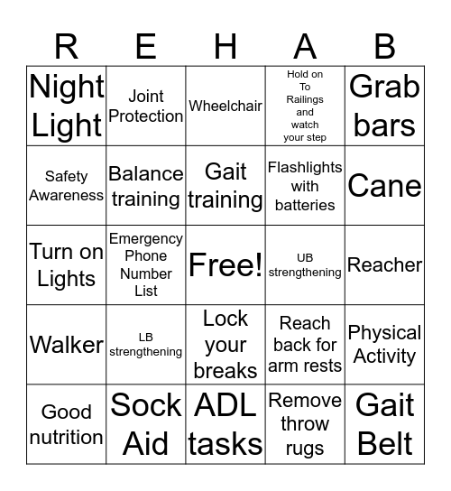 Rehab Week Bingo Card