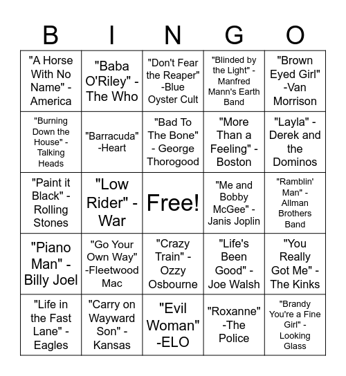 Rock Hits Bingo Card