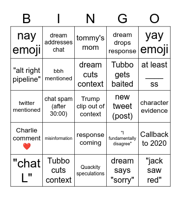 Tubbo Reaction Stream Bingo Card