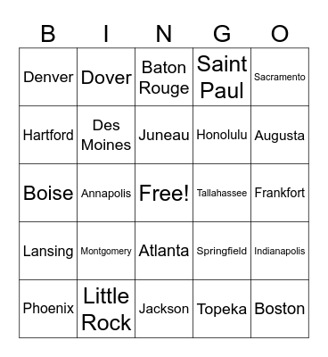 USA Capitals 1-25 Bingo Card