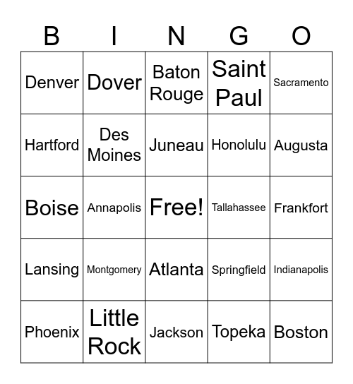 USA Capitals 1-25 Bingo Card