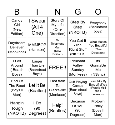 Boy Bands Bingo Card