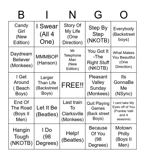 Boy Bands Bingo Card