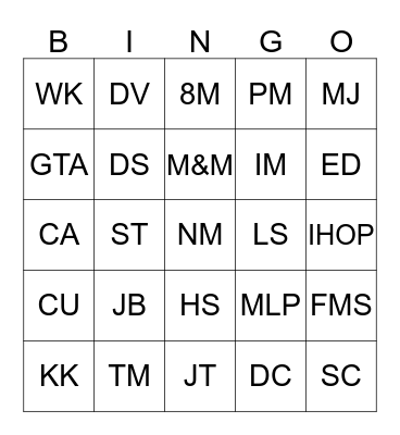 Fun Friday Bingo (Initials) Bingo Card