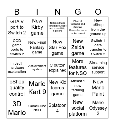 Switch 2 Reveal Trailer Bingoe Bingo Card