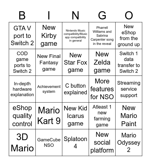 Switch 2 Reveal Trailer Bingoe Bingo Card
