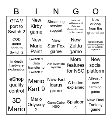 Switch 2 Reveal Trailer Bingoe Bingo Card