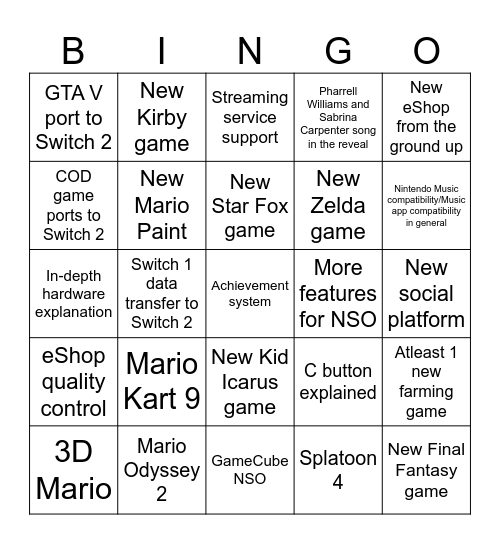 Switch 2 Reveal Trailer Bingoe Bingo Card