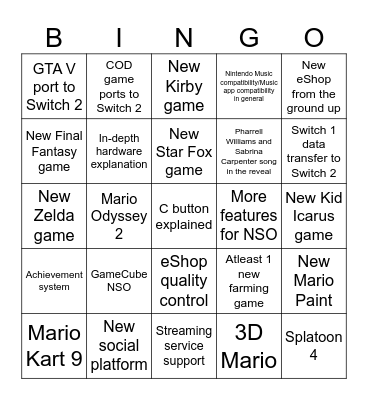Switch 2 Reveal Trailer Bingo Card