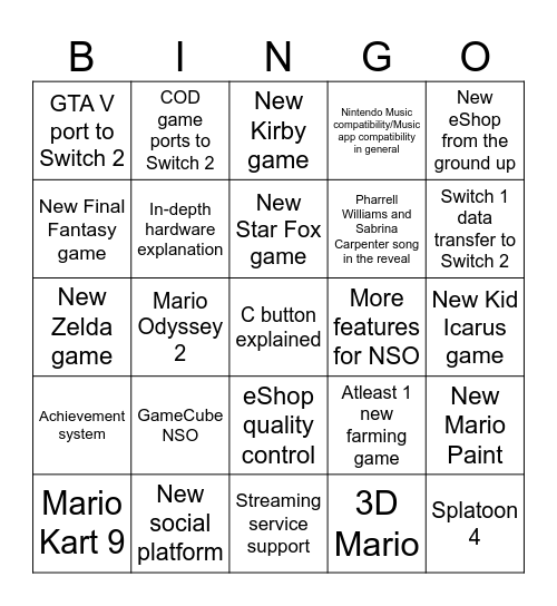 Switch 2 Reveal Trailer Bingo Card
