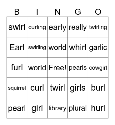 RL words Bingo Card
