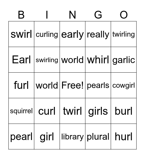 RL words Bingo Card