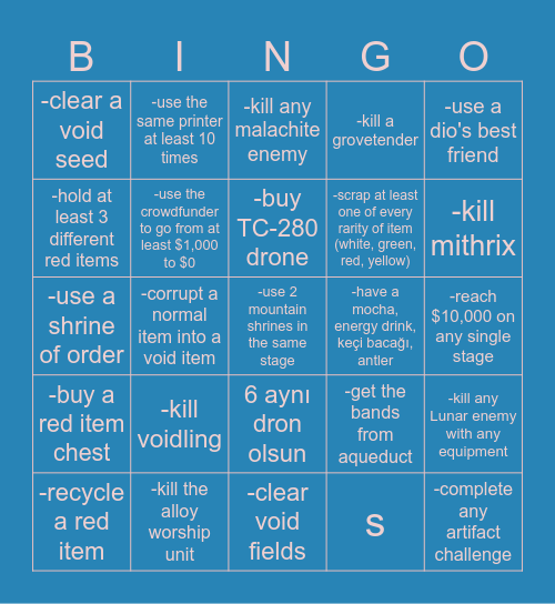 Risk of Rain 2 Bingo Card