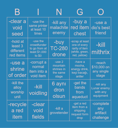 Risk of Rain 2 Bingo Card