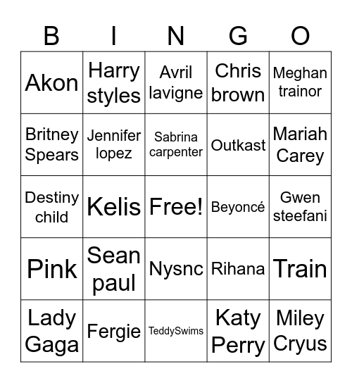 Pop hits 1 Bingo Card
