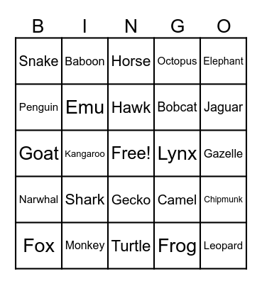 Animal Bingo Card
